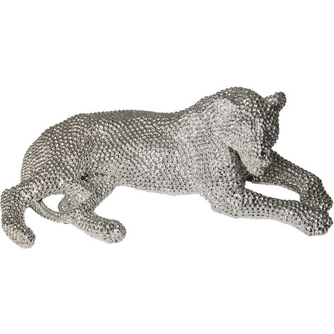 Figurine Lionne En Résine Argent Granulé 33X20X12 Cm