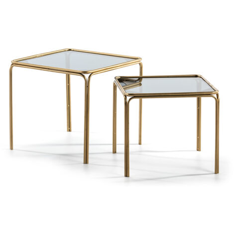 Set/2 Table d'Appoint 51x51x47 / 46x46x41 Verre Fumé/Métal Doré (1/4)