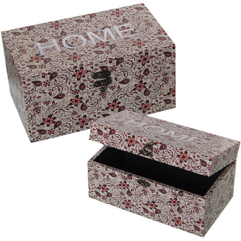 Lot de 2 Boites Décorées Dm Bois/Toile Polyester -Maison- 30X18X15+24X14X12 Cm (1/2)
