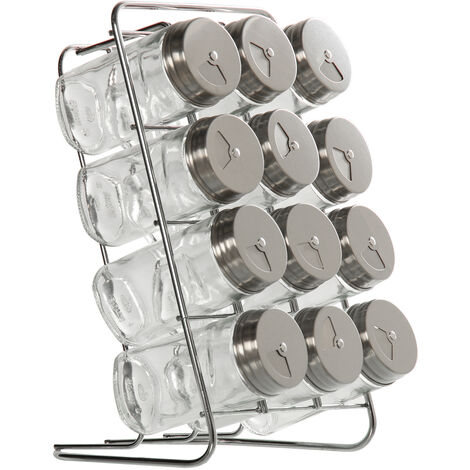 Lot de 12 Étagères à Épices en Verre C/Couvercle Inox C/Support Métallique 14X15X22 Cm -Bouteille°4X9,5 Cm (1/4)