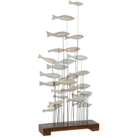 Décoration Bois Métal 45X45X100 Poissons Blanc