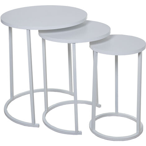 Ensemble 3 Tables Auxiliaires. Pieds Métal Blanc, Bois Blanc °48X58+°38X52.5+°28X48 Cm (1/4)