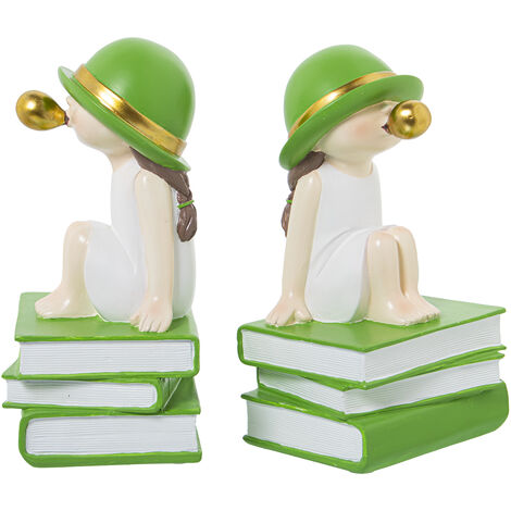Lot de 2 serre-livres fille en résine C/Blanc/Gomme Verte 11X9X19 Cm (1/5)