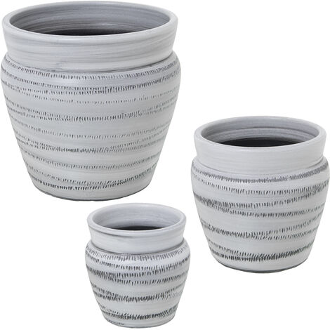 Lot de 3 cache-pots en céramique rayé gris °18X18 Cm +°24X23 Cm +°32X30 Cm (1/4)