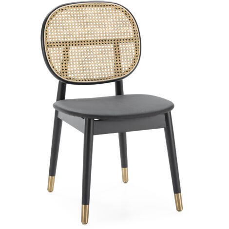 Chaise 47x54x86 Bois Noir/Similicuir Xh23B Noir/Rotin Naturel/Métal Doré (1/5)