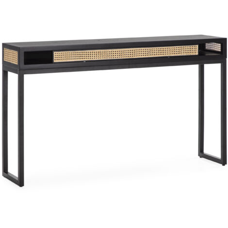 Console 142x30x84 Bois noir/Rotin naturel/Métal noir (1/4)