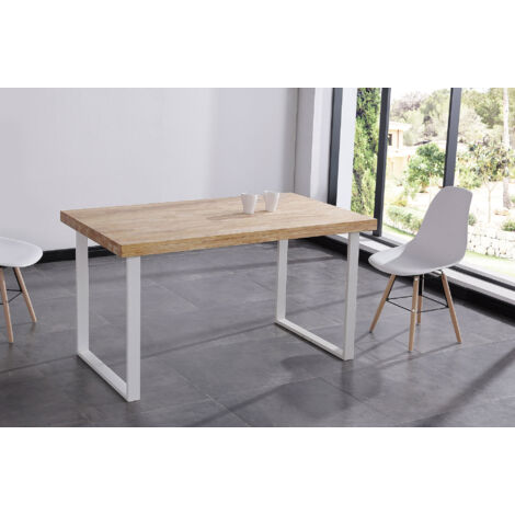 Table à manger fixe en chêne nordique naturel/blanc. (1/2)