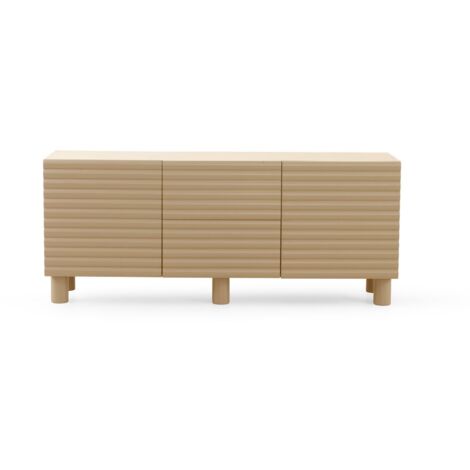 Buffet en MDF couleur beige sable, avec relief ondulé sur les portes et les tiroirs et pieds en bois massif. (1/5)