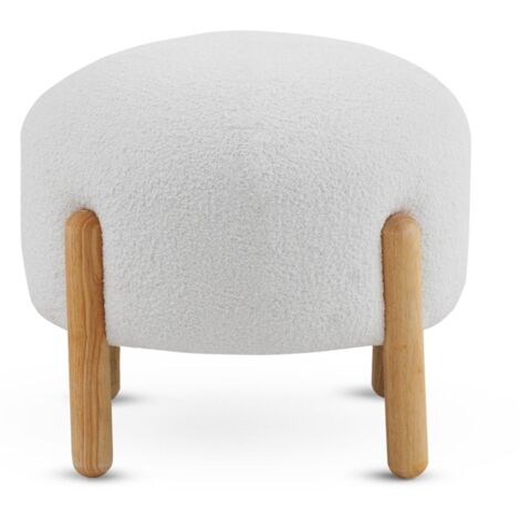 Pouf recouvert de tissu bouclé blanc, avec une structure et des pieds en bois de pin naturel (1/5)
