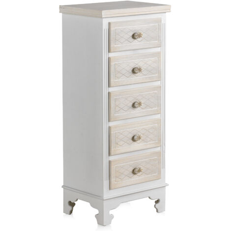 Commode en bois blanc à 5 tiroirs et façades de tiroirs couleur crème