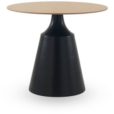 Table de salle à manger ronde, piètement en métal noir de 90 cm de diamètre, plateau en céramique et bois de frêne (1/4)