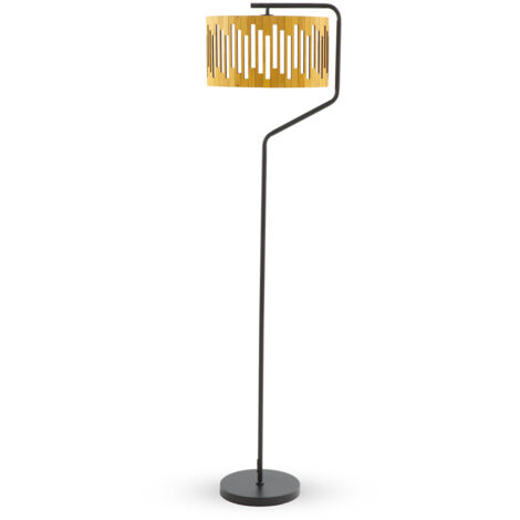 Lampadaire tulipe en contreplaqué couleur miel avec base en métal noir