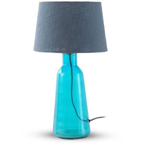Lampe de table en verre bleu avec abat-jour en coton bleu (1/2)