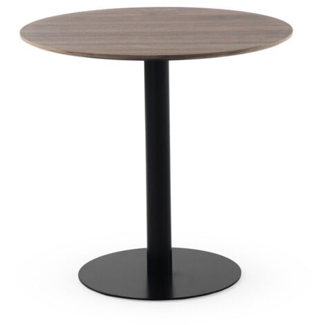 Table en mélamine noyer, diamètre 80 cm, piètement central en métal noir (1/3)