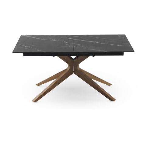 Table de salle à manger extensible 160/200 x 90 cm, piètement en chêne, plateau en céramique effet marbre noir de Vérone (1/5)