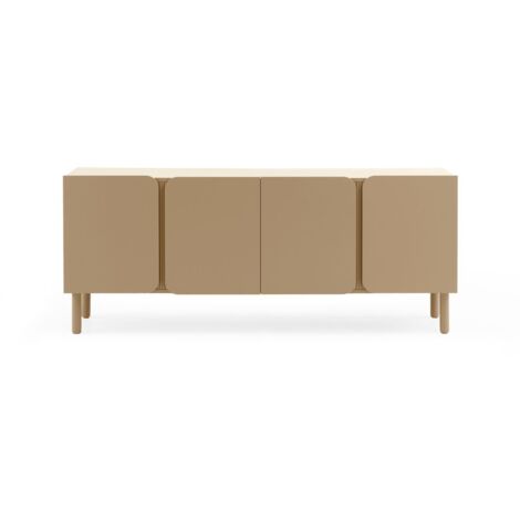 Buffet en MDF couleur sable beige, avec angles de porte arrondis et une bande rainurée reposant sur des pieds en bois massif. (1/5)
