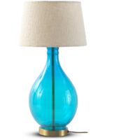 Lampe de table en cristal bleu avec abat-jour en coton blanc
