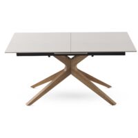 Table de salle à manger extensible 160/200 x 90 cm avec piètement en chêne et plateau en céramique effet marbre travertin
