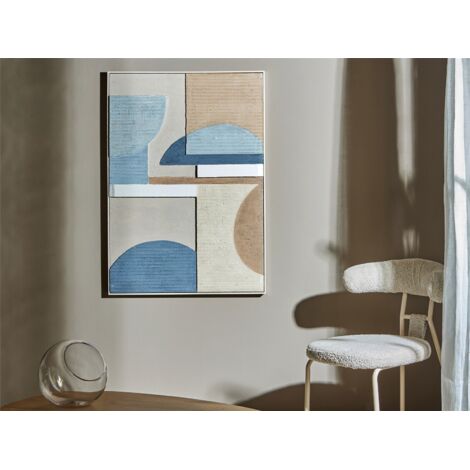 Abstraktes Gemälde, verschiedene Texturen, Blau und Brauntöne, mit Rahmen, 72 x 102 cm. 72 x 5 x 102 cm