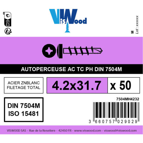 50 vis autoperceuses 4,2x32mm cylindrique zingué Viswood