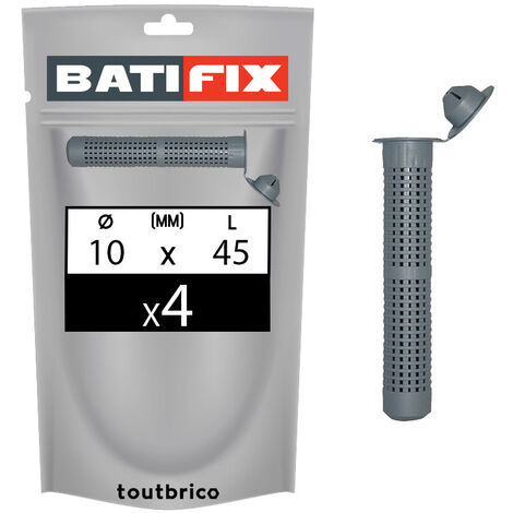 Lot de 4 tamis 10x45mm pour scellement chimique – Nylon pour matériaux creux – Cône centreur pour guidage précis – Perforations pour diffusion efficace – Batifix