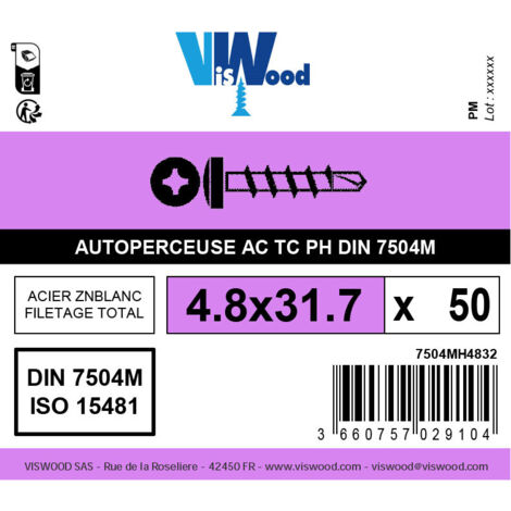 50 vis autoperceuses 4,8x32mm cylindrique zingué Viswood