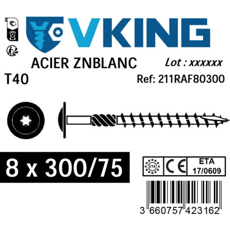 Vis de charpente 8x300mm tête disque Tx zingué  Viswood