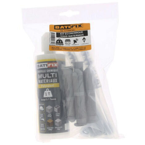 Kit de scellement chimique tous matériaux – 1 cartouche 165mL – 4 tamis 85mm/Ø16mm – 4 tiges filetées 110mm/Ø10mm – Prêt à l'emploi – Batifix (1/2)