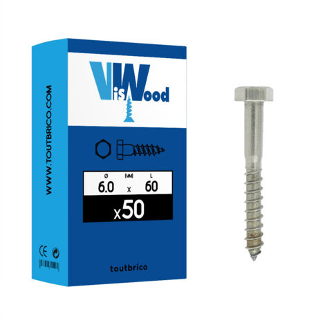 Tirefond 6 x 60 mm – Tête hexagonale – Inox A2 – 50 vis pour fixation bois extérieur – Résistance aux intempéries – Viswood