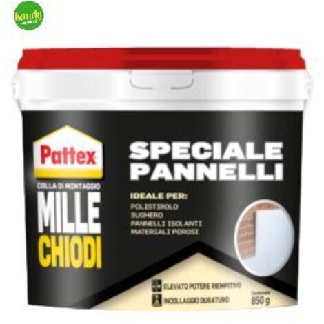 PATTEX Millechiodi Speciale Pannelli, Adesivo Bianco di Montaggio Multiuso, Colla Acrilica per Applicazioni in Interni, Colla per Legno, Polistirolo e Pannelli, 1x850g