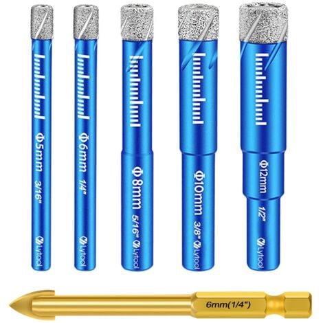 Jeu de Forets pour Carrelage, Forê Diamant Percer Gres avec 5,6,8,10,12 mm, Meche Metal pour Carrelage de 6mm, Foret Mèches Céramique pour Verre, Granit Marbre Quartz Matériaux Durs