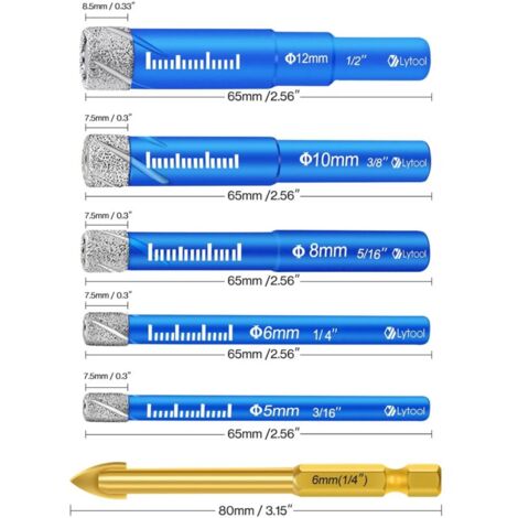 Jeu de Forets pour Carrelage, Forê Diamant Percer Gres avec 5,6,8,10,12 mm, Meche Metal pour Carrelage de 6mm, Foret Mèches Céramique pour Verre, Granit Marbre Quartz Matériaux Durs