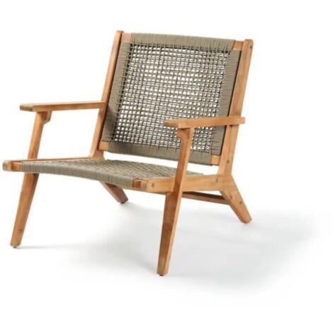 Fauteuil de jardin bas en bois d'acacia FSC et corde – Dimensions 67x81x71 cm – Soutien ferme et incliné – Couleur vert olive