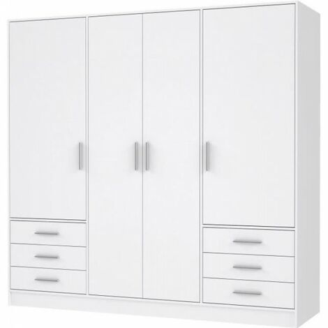 Armoire contemporaine 4 portes battantes – 6 tiroirs – Bois aggloméré blanc mat – L 206,5 x P 60 x H 200 cm – Partie lingère et penderie