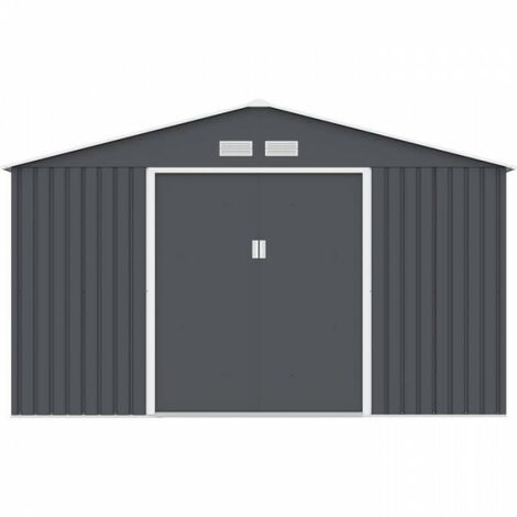 Abri de jardin en métal 10,85 m² - 340 x 319 x 210 cm - JUPITER - Kit d'ancrage inclus, 2 portes coulissantes - Gris (1/4)