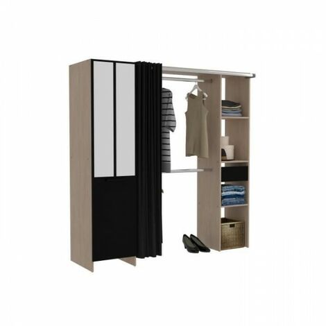Dressing ARTIC avec rideau - EKIPA - Décor Chene et noir - 1 colonne + 1 armoire + 2 penderies + 2 tiroirs