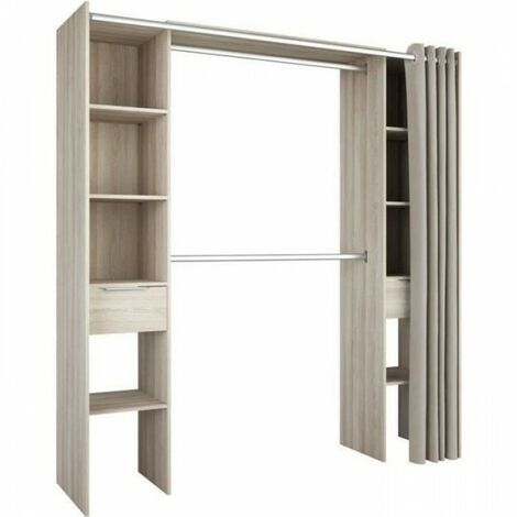Kit dressing 2 colonnes 2 penderies 2 tiroirs – Décor chêne Shannon – Dimensions L 115 x P 50 x H 203 cm – Rideau inclus – Demeyere (1/4)