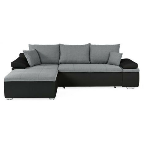 Canapé d'angle réversible convertible 3 places+Coffre - Simili noir et tissu gris - L 274 x P 184 cm - CELINA - Fabriqué en U (1/5)