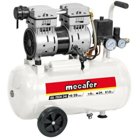 Compresseur D'Air Mecafer Power N' Silent - 24 Litres - 1,5 CV - Sans Huile - Pression Max 8 Bar - Silencieux (57 DB) - Avec Roues