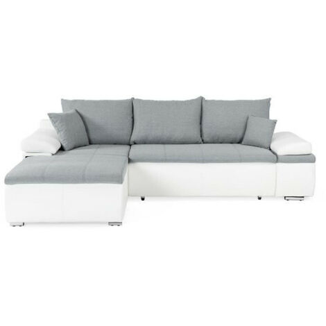 Canapé d'angle réversible convertible 3 places+Coffre - Simili blanc et tissu gris - CELINA - L 274 x P 184 cm - Fabriqué en (1/5)