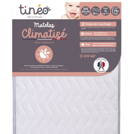 Matelas Climatisé TINEO 60x120x10cm - Matelas Bébé - Climatisé - 1 Face Été - 1 Face Hiver - Sans Traitement - Fabriqué E