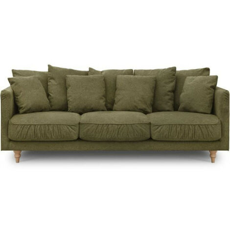 Canapé droit 4 places – Tissu vert 100% polyester – Pieds en bois massif – L 212 x H 87 x P 93 cm – Confort moelleux