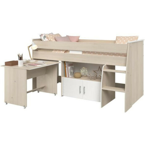Lit combiné enfant 90x200 cm – 2 portes – Bureau sur roulettes – Décor acacia clair et blanc – Panneaux de particules – Parisot