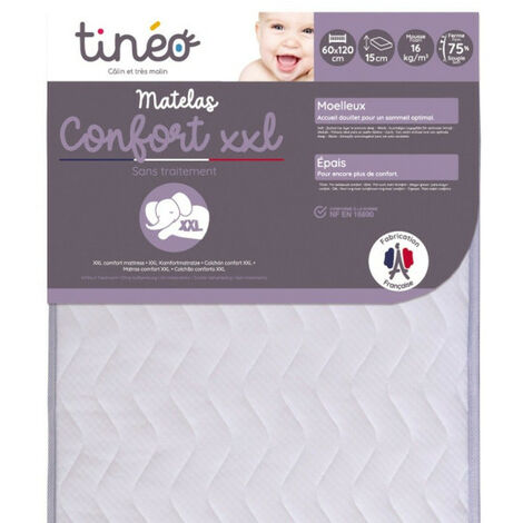 Matelas Bébé Confort XXL TINEO 60x120x15cm - Sans Traitement - Fabriqué En France - Garantie 2 Ans