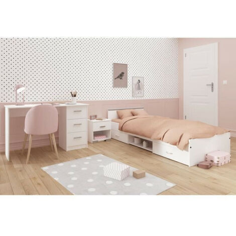 Chambre d'enfant complète 3 pièces – Lit 90x200 cm avec 2 tiroirs – Chevet avec tiroir – Bureau avec 3 tiroirs – Décor blanc – Parisot