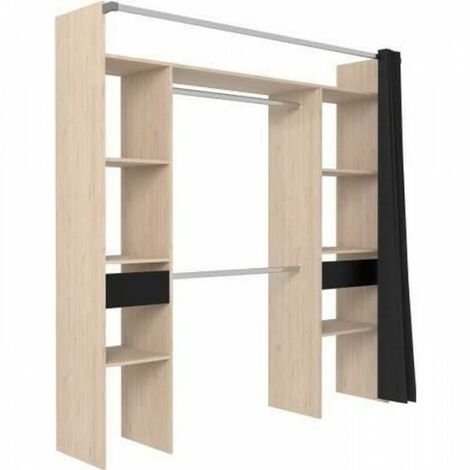 Dressing ARTIC avec rideau – L 198 x P 48 x H 203 cm – 2 colonnes, 2 penderies, 2 tiroirs – Bois de panneaux de particules – Ekipa
