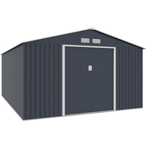 Abri de jardin métal 15,16 m² – Dimensions 340 x 446 x 210 cm – Panneaux acier traité anti-corrosion – Kit d'ancrage inclus – 2 portes coulissantes