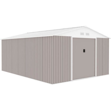 Abri de jardin métal 15,16 m² – 340 x 446 x 210 cm – Acier galvanisé – 2 portes coulissantes – Kit d'ancrage inclus – Couleur taupe (1/5)