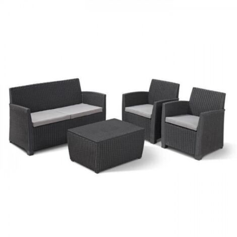 Allibert – Salon de jardin en résine tressée – 4 places – Banquette 2 places, 2 fauteuils, table basse avec coffre – Résistant aux intempéries – Gris graphite (1/5)