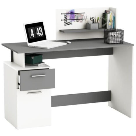 Bureau droit - Blanc et gris - Contemporain - L 121,5 x H 109,7 x P 55,1 cm - 1 porte 1 tiroir - PLATON (1/5)